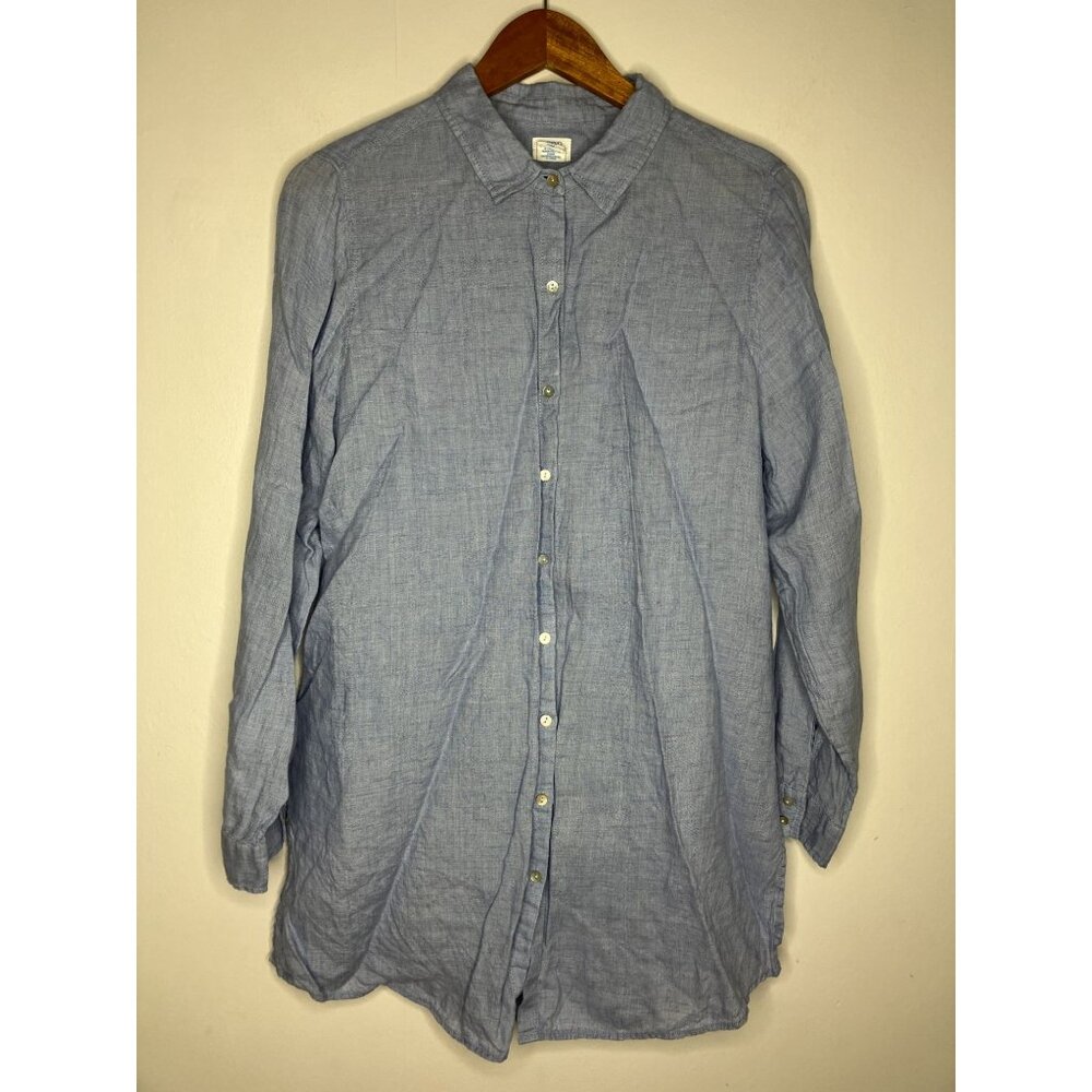 Sigrid Olsen Women's Large Linen Button Roll Tab Long Sleeve Light Blue Shirt